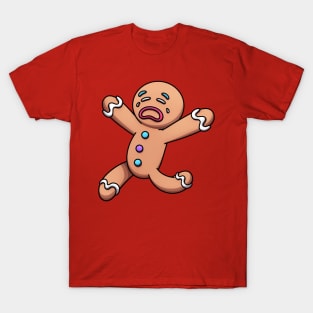 Crying Scared Running Gingerbread Man Cartoon T-Shirt